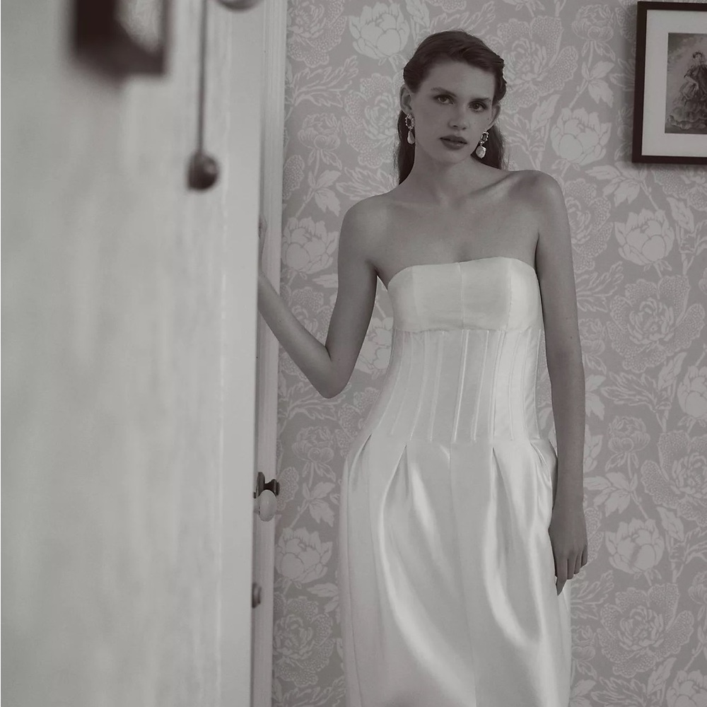 Anthropologie Strapless Satin Wedding Dress in White